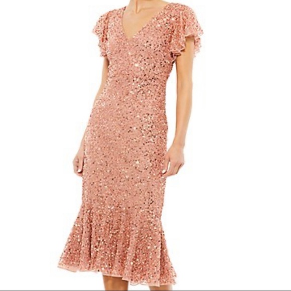 Mac Duggal Sequined V-Neck Flutter Sleeve Dress, size 2.   
Color: Rose Gold - Picture 6 of 8